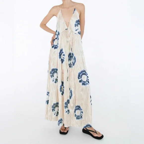 ZARA WRINKLE SATIN EFFECT MAXI LONG DRESS WHITE BLUE NWOT S - Picture 6 of 14
